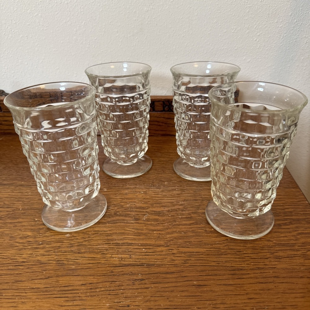 Vintage Cubist Clear Glass Iced Tea Tumblers 6" Footed Block Pattern – Set of 4